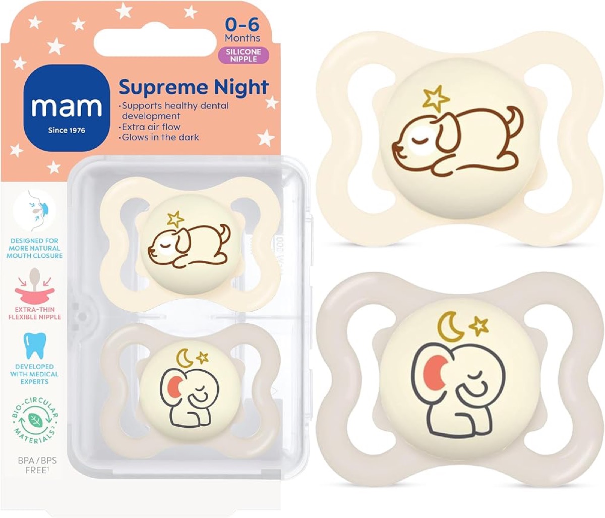MAM Supreme 0 a 6 meses, pack x2 (extra fino, brilla en la oscuridad, con estuche esterilizador)