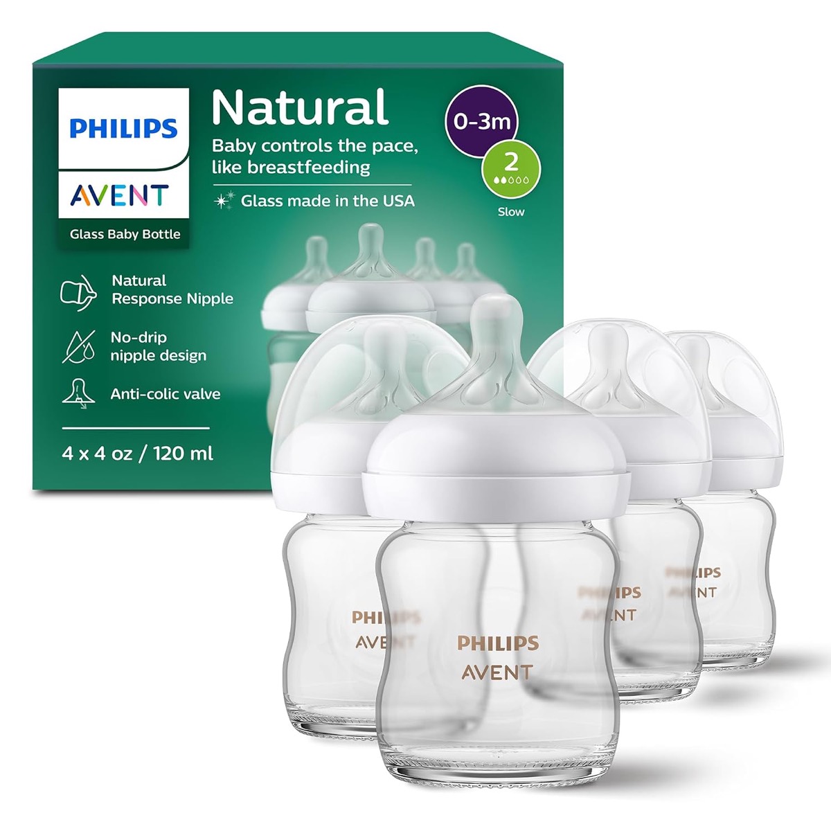 Philips Avent Natural Glass 4 oz, tetina Natural Response de flujo lento, pack x4