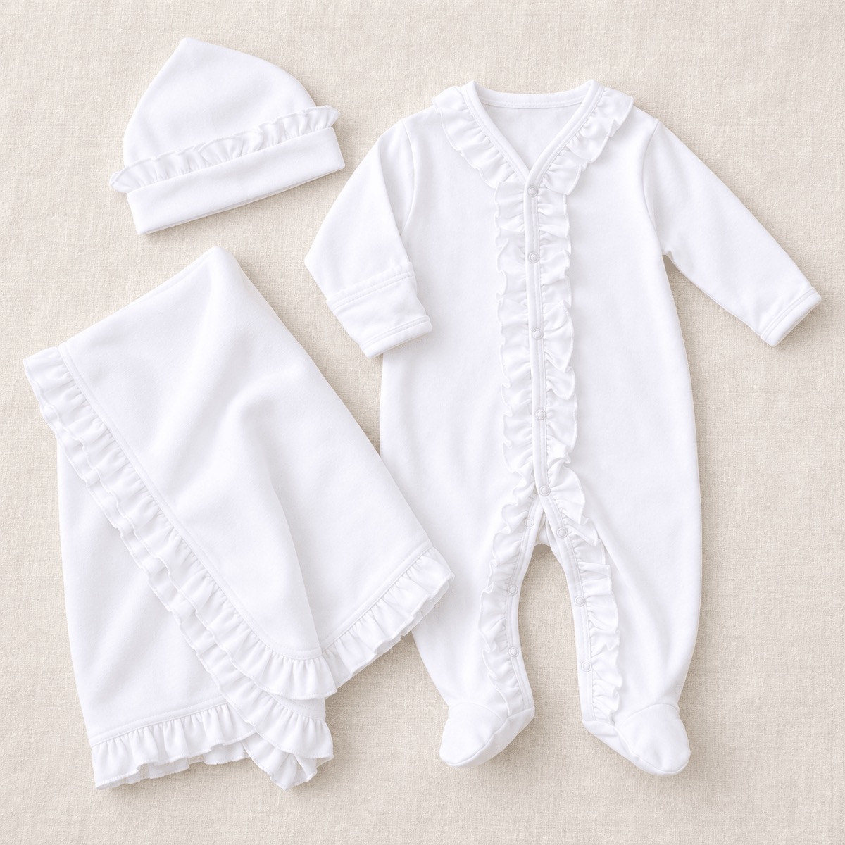 Magnolia Baby Take Me Home Set, Essentials Ruffle blanco (enterito + gorrito + manta)